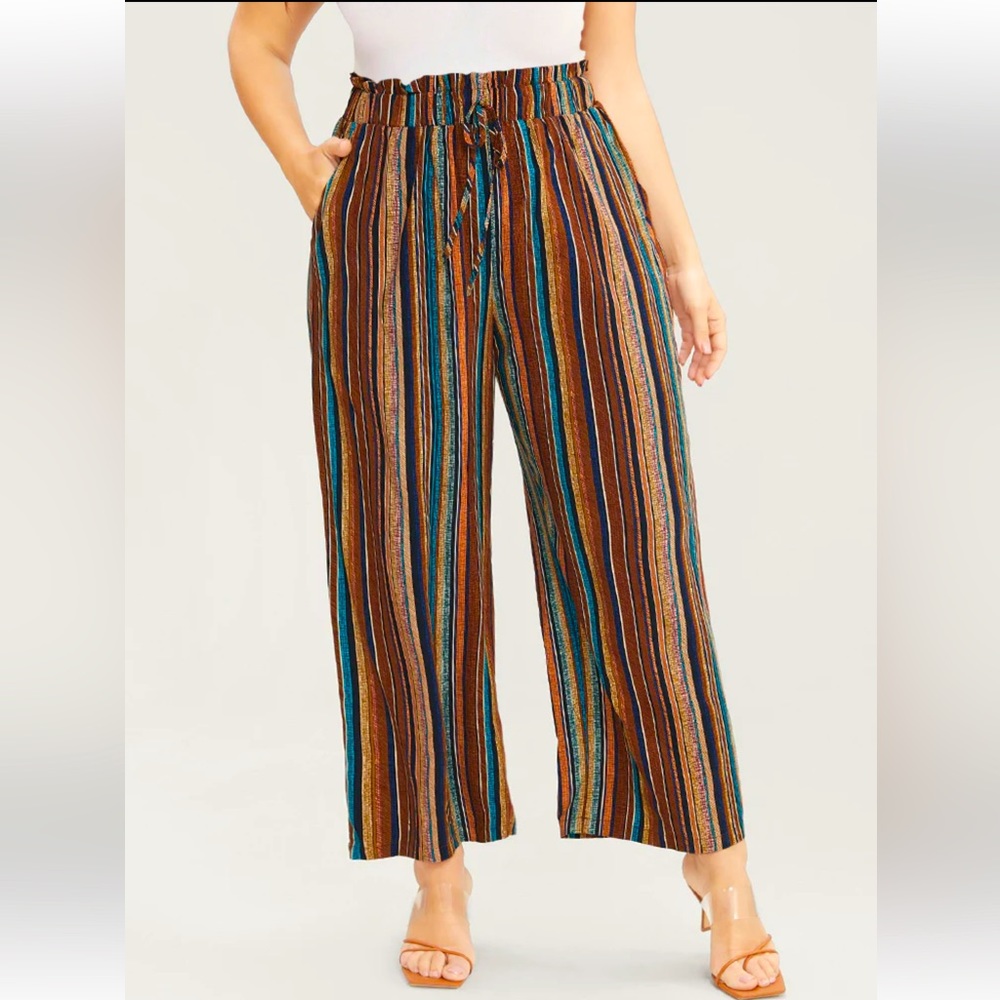 Striped Contrast Paperbag Waist Ties Up Pocket Pants